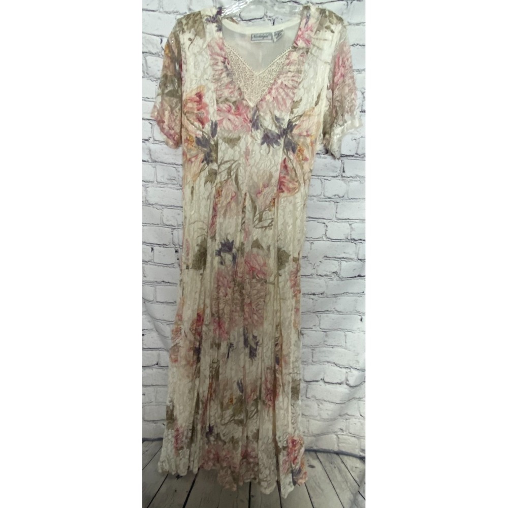 Nostalgia‎ Womens Maxi Dress S Y2K Floral Crinkle Lace Trim Sheer Overlay Boho